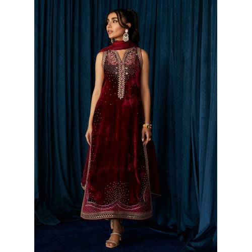 New Aubergine Flora Velvet Long Shirt with Pants