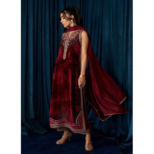 New Aubergine Flora Velvet Long Shirt with Pants