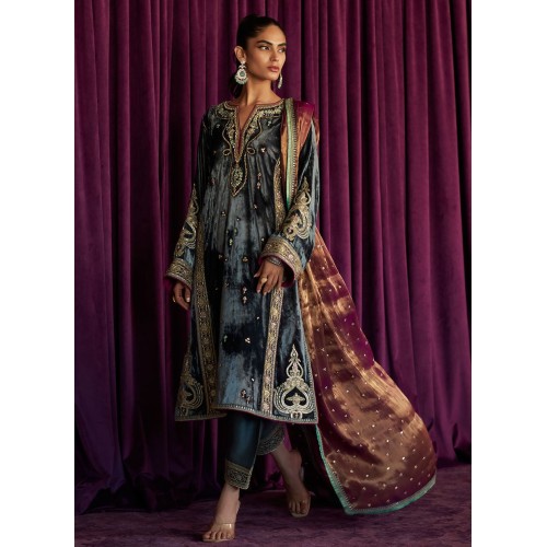River Bed Flora Velvet Long Shirt with Shalwar