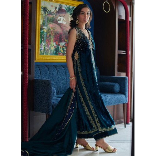 Ocean Dark Blue Flora Velvet Front Open Long Shirt with Pants