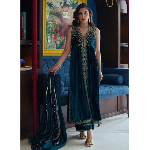 Ocean Dark Blue Flora Velvet Front Open Long Shirt with Pants