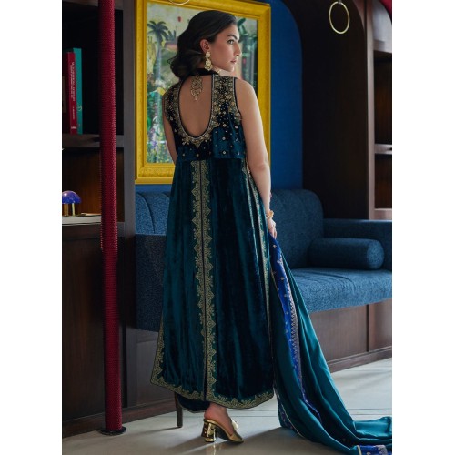 Ocean Dark Blue Flora Velvet Front Open Long Shirt with Pants