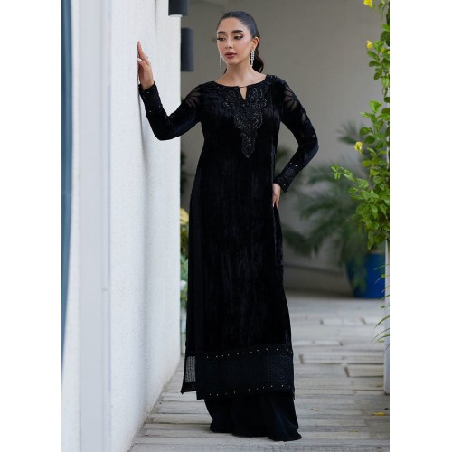 Rich Black Flora Velvet Long Shirt with Flared Pants