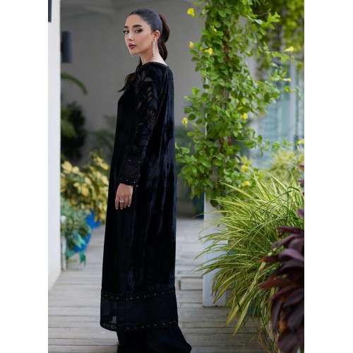 Rich Black Flora Velvet Long Shirt with Flared Pants