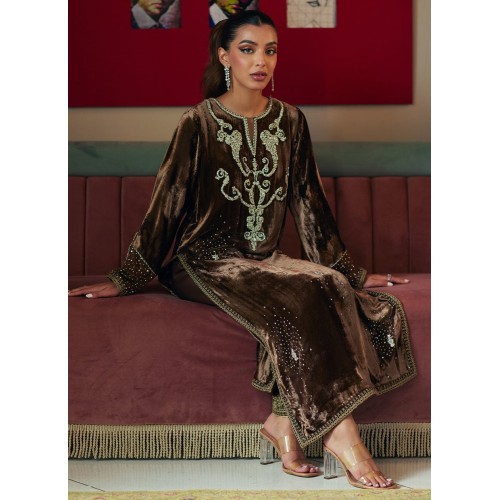 Coffee Bean Flora Velvet Long Shirt with Pants