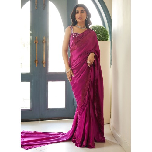 Red-Violet Flora Silk Saree with Velvet Blouse