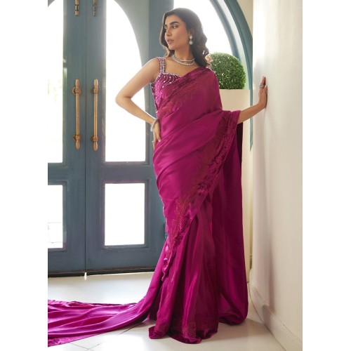 Red-Violet Flora Silk Saree with Velvet Blouse