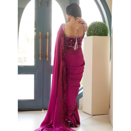 Red-Violet Flora Silk Saree with Velvet Blouse