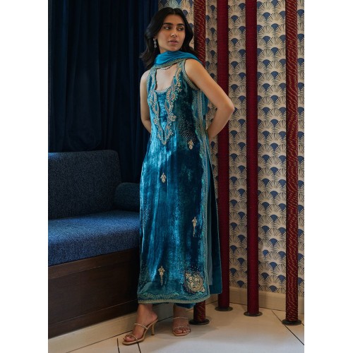 Deep Cerulean Flora Velvet Long Shirt with Pants