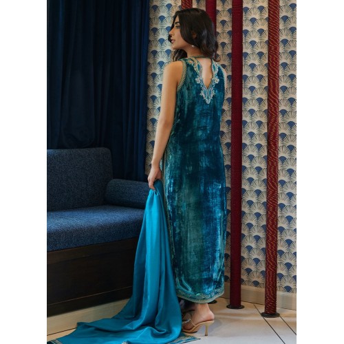 Deep Cerulean Flora Velvet Long Shirt with Pants