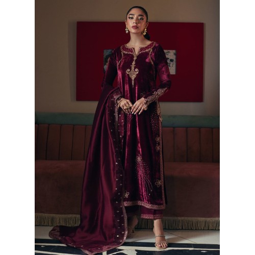 Berry Flora Velvet Long Shirt with Pants