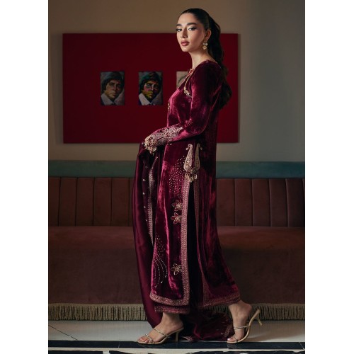 Berry Flora Velvet Long Shirt with Pants