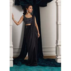 Lustrous Black Flora Silk Saree with Velvet Blouse