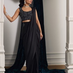 Lustrous Black Flora Silk Saree with Velvet Blouse