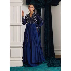Paris Blue Flora Velvet and Silk Kalidaar with Lehenga