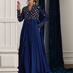 Paris Blue Flora Velvet and Silk Kalidaar with Lehenga
