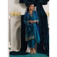 Deep Cerulean Flora Velvet Kameez Shalwar
