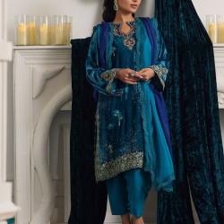 Deep Cerulean Flora Velvet Kameez Shalwar