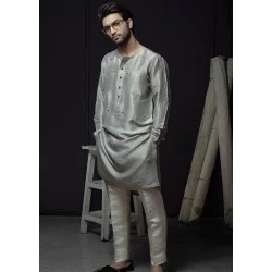 ZGMK1166 Silver Raw Silk Kurta