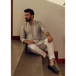 ZGMK1174 Silver Raw Silk Kurta
