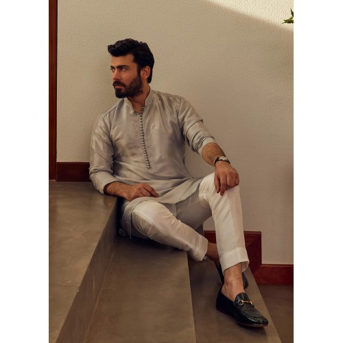 ZGMK1174 Silver Raw Silk Kurta