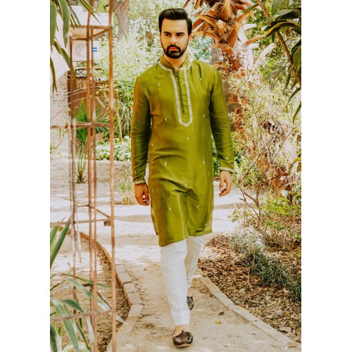 ZGMK1179 Acid Green Raw Silk Kurta