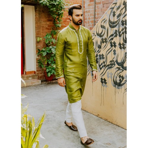 ZGMK1179 Acid Green Raw Silk Kurta