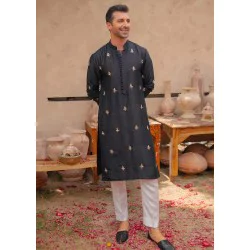 ZGMK1189 Black Raw Silk Kurta