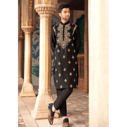 ZGMK1764 Black Raw Silk Kurta