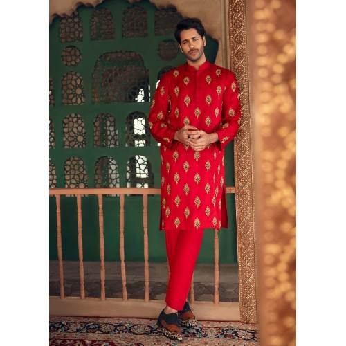 ZGMK1765 Rojo Red Jamawar Kurta