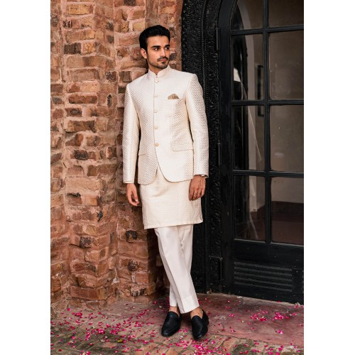 ZGMP1145 Off White Banarsi Prince Coat