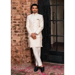 ZGMP1145 Off White Banarsi Prince Coat