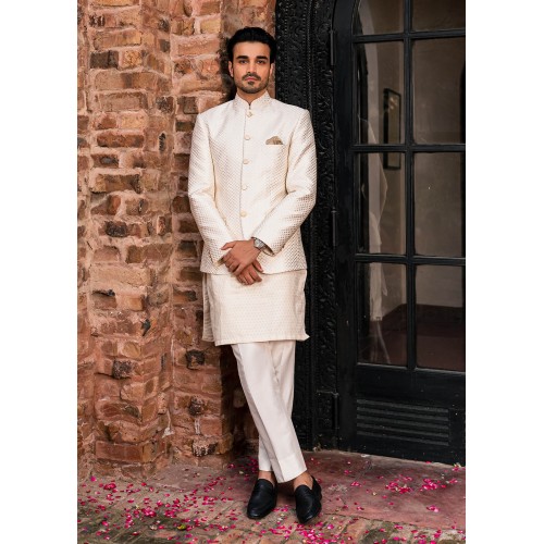 ZGMP1145 Off White Banarsi Prince Coat