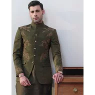 ZGMP1267 Dark Moss Green Raw Silk Prince Coat