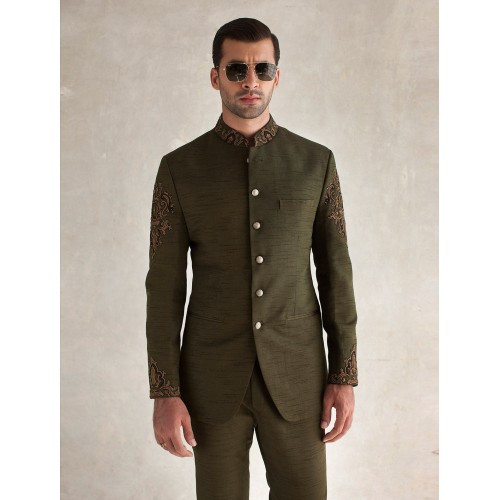 ZGMP1271 Dark Moss Green Raw Silk Prince Suit