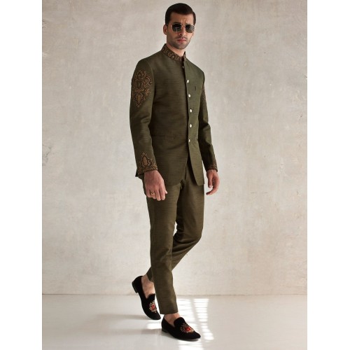 ZGMP1271 Dark Moss Green Raw Silk Prince Suit