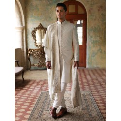 ZGMP1282 Off White Embroidered Fabric Prince Coat