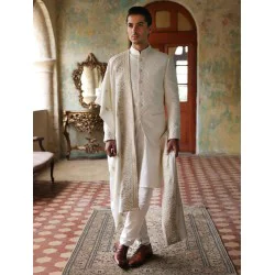 ZGMP1282 Off White Embroidered Fabric Prince Coat