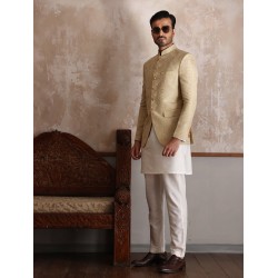 ZGMP1287 Beige Embroidered Suiting Fabric Prince Coat