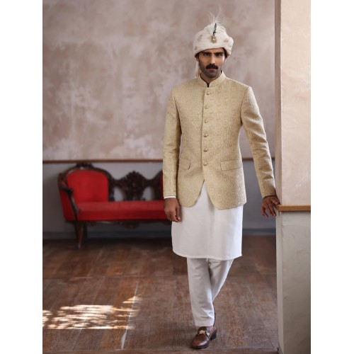 ZGMP1294 Beige Embroidered Prince Coat