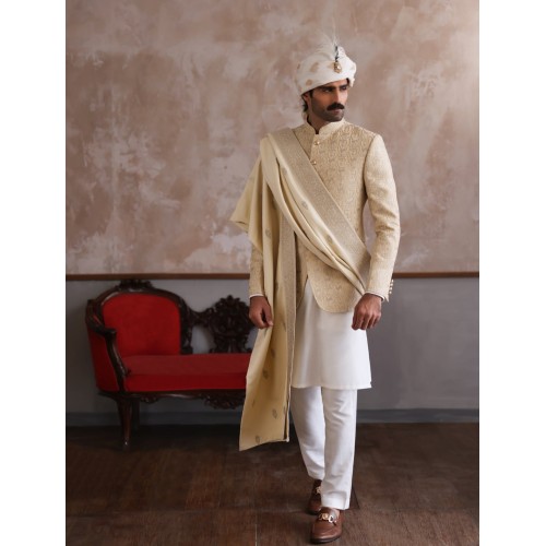 ZGMP1294 Beige Embroidered Prince Coat