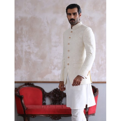 ZGMP1295 Off White Embroidered Prince Coat
