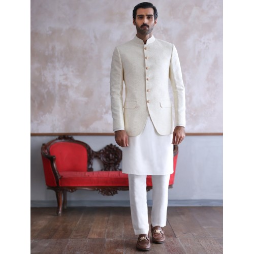 ZGMP1295 Off White Embroidered Prince Coat