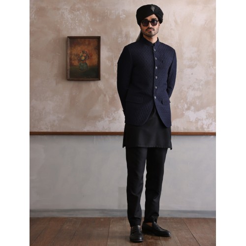 ZGMP1299 Dark Navy Embroidered Fabric Prince Coat