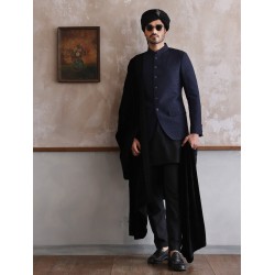 ZGMP1299 Dark Navy Embroidered Fabric Prince Coat