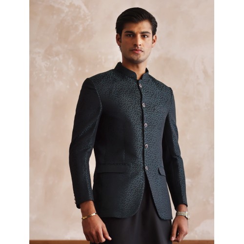 ZGMP1303 Black Turquoise Jacquard Prince Coat