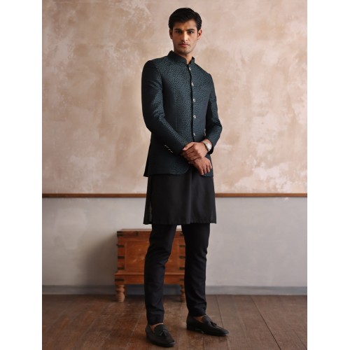 ZGMP1303 Black Turquoise Jacquard Prince Coat