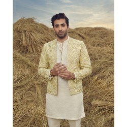 ZGMP1449 Lemon Yellow Self Karandi Prince Coat