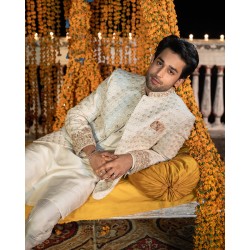 ZGMP1452 Champagne Blue Embroidered Fabric Prince Coat