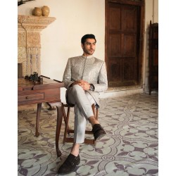 ZGMP1454 Alabaster Embroidered Korean Raw Silk Prince Suit